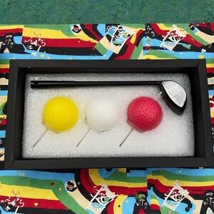 Golfing birthday cake candles- 3 golf balls & 1 mini golf club BRAND NEW